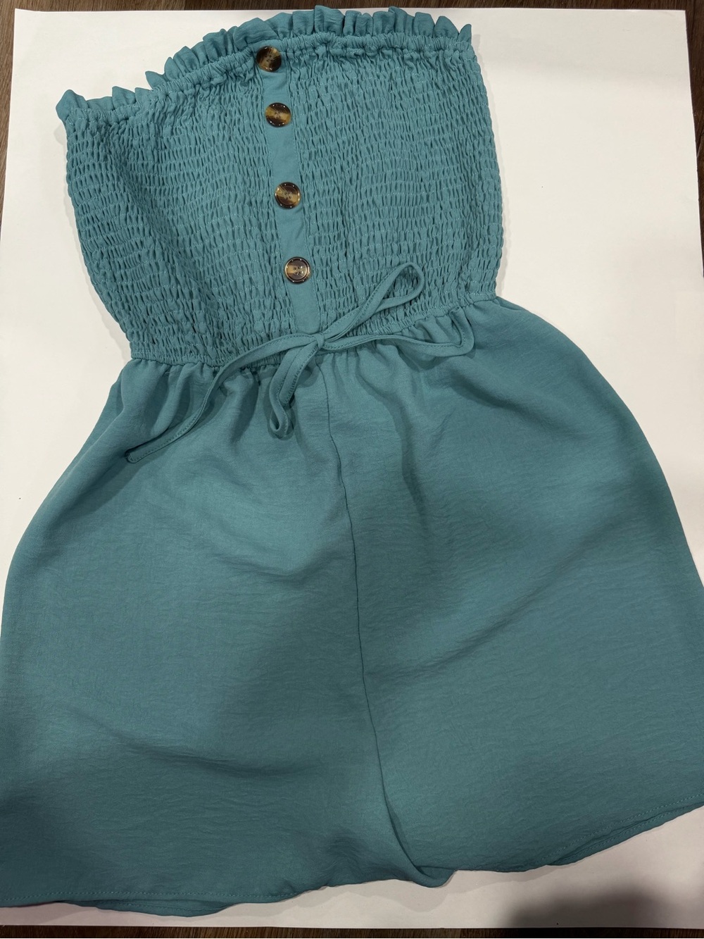 Women’s Teal Smocked Strapless Dress with Button Detail